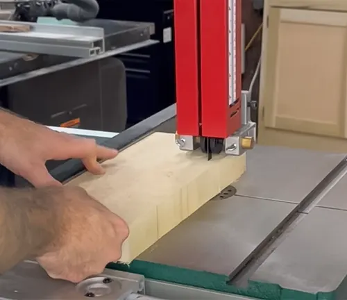 Grizzly G0513ANV 17" 2 HP Bandsaw - 40th Anniversary Edition in action. A person’s hands are visible, holding and guiding a piece of light-colored wood through the bandsaw