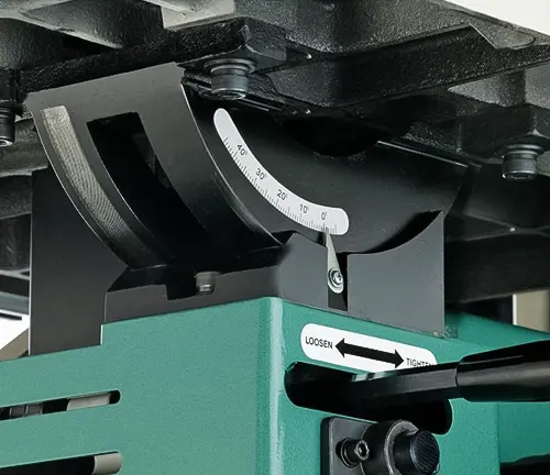 close-up of the adjustable angle mechanism on a Grizzly G0621X Vertical Wood/Metal Bandsaw