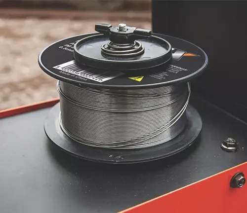 spool of silver, metallic welding wire mounted on the top surface of a red-colored Hobart Handler 100 Flux-Cored Welder
