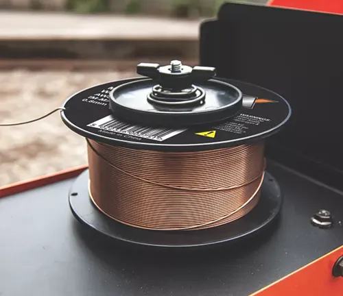 spool of copper-colored flux-cored welding wire mounted on an orange welding machine, likely the Hobart Handler 100