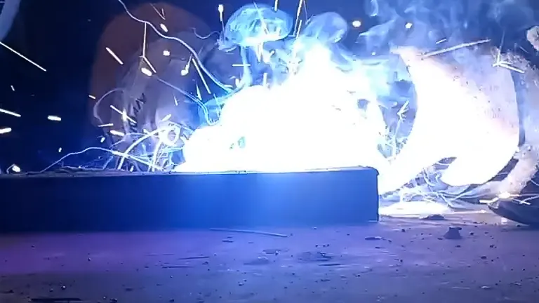 welding process in progress, characterized by an intense burst of blue-white light and sparks