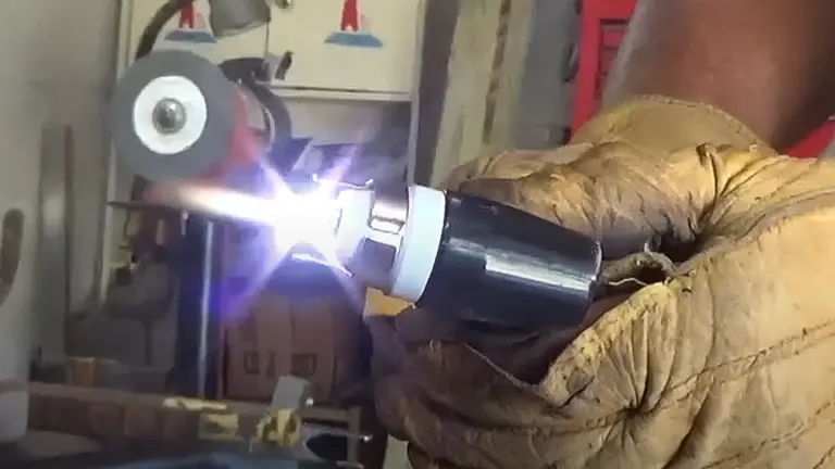 Person using a LOTOS CT520D Plasma Cutter TIG Welder in a workshop