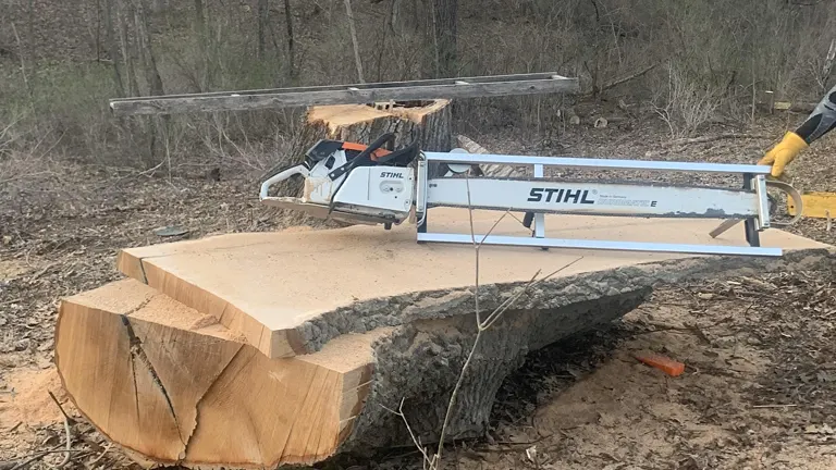 STIHL chainsaw with chainsaw mill cutting a big slab