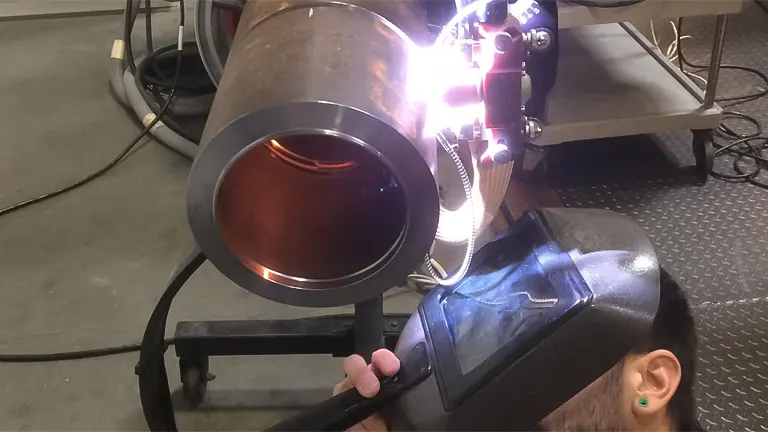 Welder working on pipe joint preparation with bright welding arc illuminating the workspace