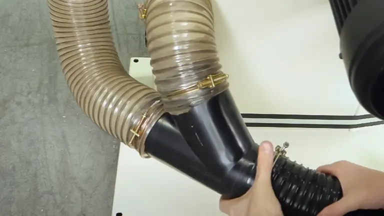 person’s hands connecting a flexible, black, corrugated hose to a rigid, transparent hose with metallic rings