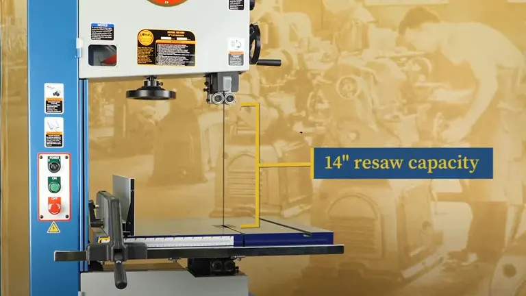 South Bend SB1080 16" 3 HP Heavy-Duty Resaw Bandsaw in front of an illustrated backdrop of a busy workshop