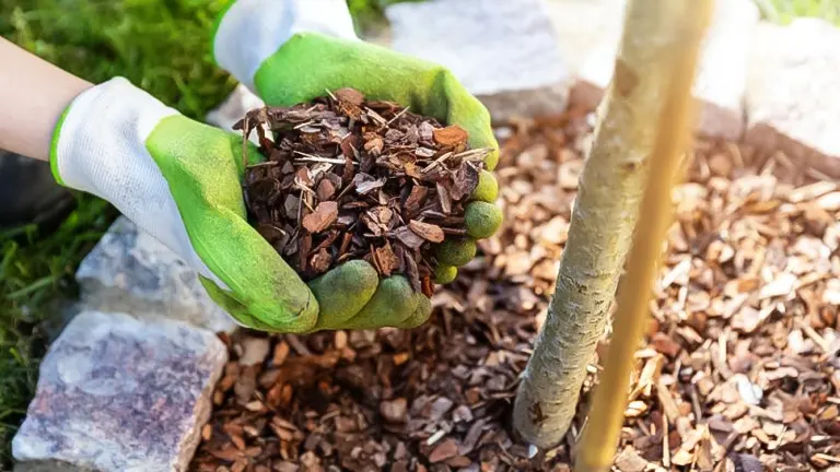 pair of hands in green gloves holding brown mulch above a garden bed, with a gardening tool handle visible in the background