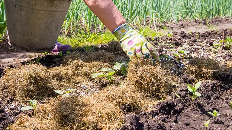 person’s hand in a polka-dotted glove spreading straw mulch over a soil bed with small plants, illustrating the process of mulching in a sunlit outdoor garden