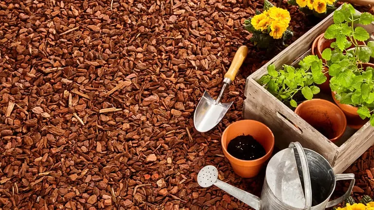  gardening tools and green leafy plants in terracotta pots on a bed of brown wood chips, symbolizing the concept of moisture retention in gardening