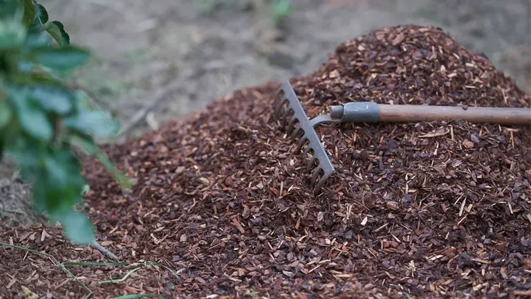 a pile of brown mulch in a garden with a rake resting on top