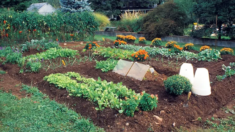 Raised garden bed overflowing with fresh vegetables and herbs