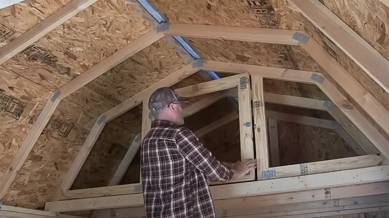 Person installing a window in a shed for chicken coop conversion