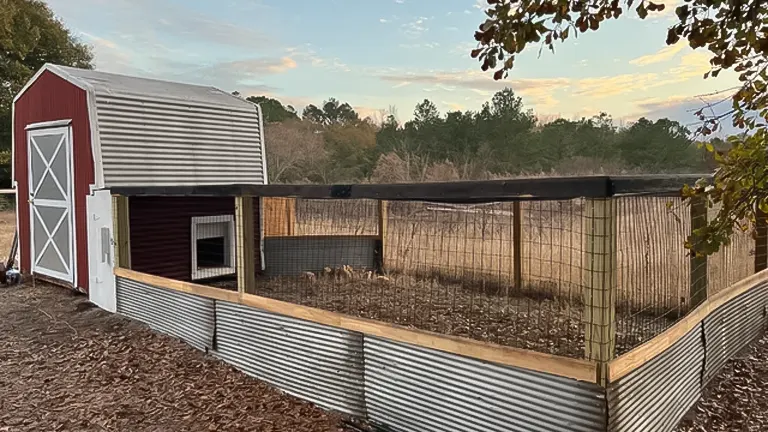 Converted shed with an attached outdoor enclosure for chickens