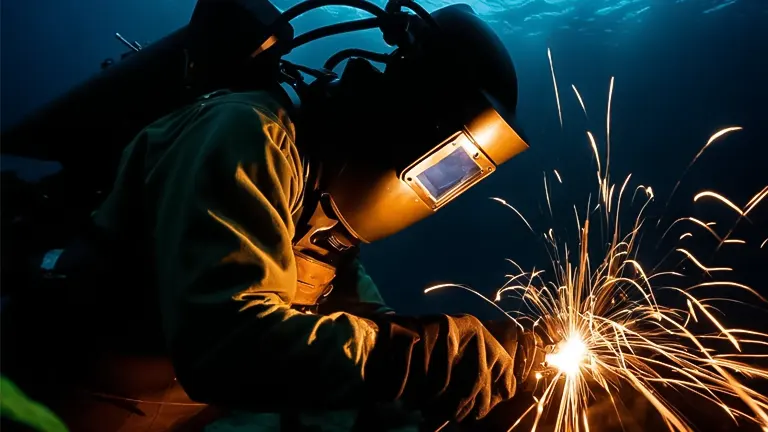 Underwater welder in action, surrounded by bubbles and sparks
