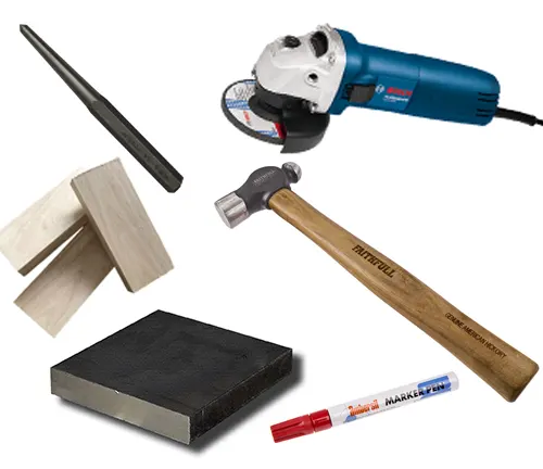 Assortment of tools including a file, angle grinder, wooden wedge, hammer, sharpening stone, and markers for chainsaw chain shortening without a spinner and breaker