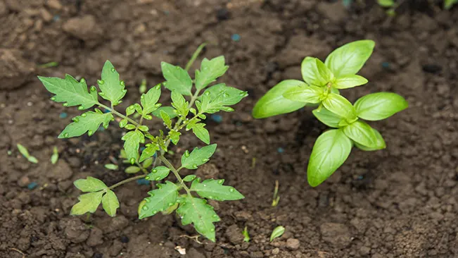 Young basil and tomato plants growing together in soil