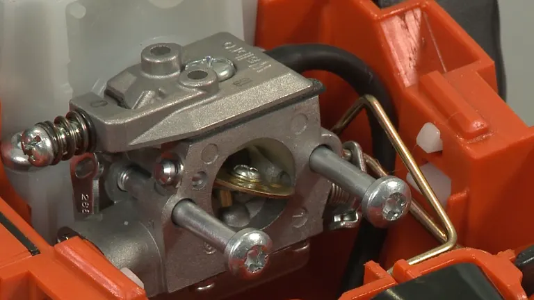 Close-up of a mechanical component with screws, bolts, a spring, and cables, mounted on an orange frame