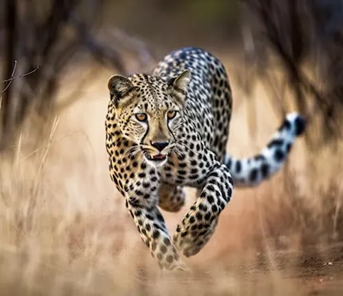 A majestic Amur leopard displaying its hunting skills, dashing through the wild grass.