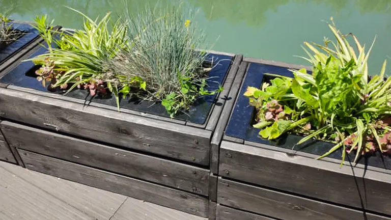Three raised wooden garden beds with various plants, located beside a calm water body