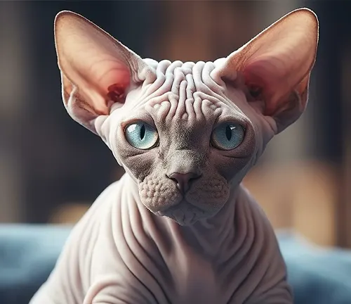 A social Sphynx cat with striking blue eyes sitting comfortably on a couch.