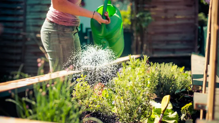 Person watering an herb garden with a green watering can, with sunlight filtering through the water spray, highlighting the freshness of the herbs.