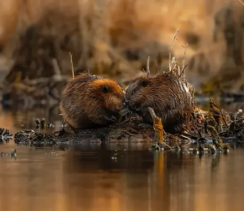 Two North American beavers sitting on a log in the water, showcasing typical behavior of this species.