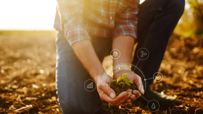 A person in a plaid shirt holding a small green plant growing out of soil in their cupped hands with graphic icons representing sustainability floating around the hands, symbolizing eco-friendly agriculture or investment in environmental technology.