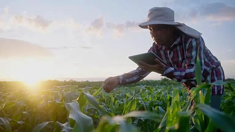 A farmer in a wide-brimmed hat and plaid shirt inspecting corn plants in a field while holding a tablet, with the sunrise in the background.