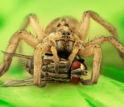 A close-up image of a Wolf Spider crawling on the ground, showcasing its unique markings and hairy legs.