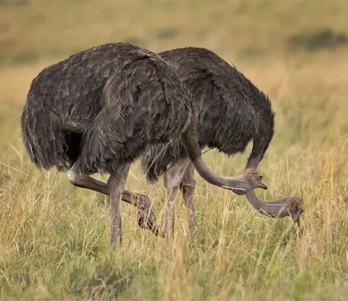 Common Ostrich feeding: large bird with long neck and legs, pecking at grass in open savannah.