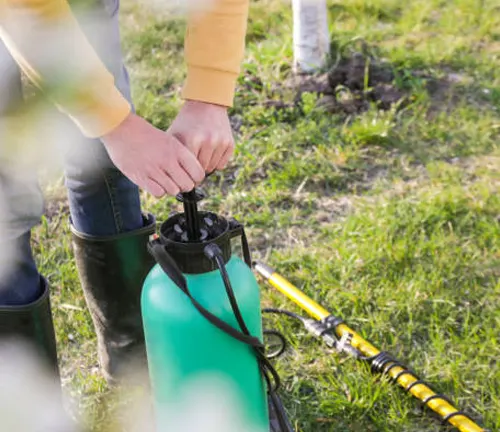 A person preparing a sprayer for pest and disease management near an apple tree