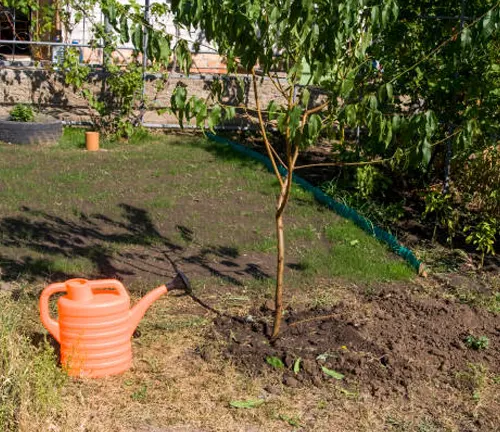 young peach tree in soil with an orange watering can nearby