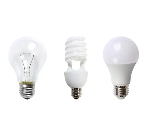 Three different types of light bulbs isolated on a white background, from left to right: a traditional incandescent bulb, a compact fluorescent bulb, and an LED bulb.