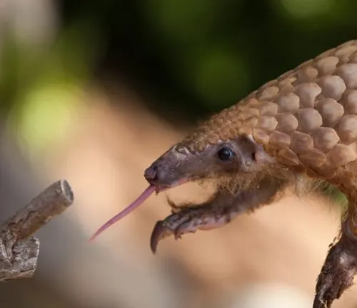 A Chinese pangolin walks on a branch, showcasing its insectivorous diet.