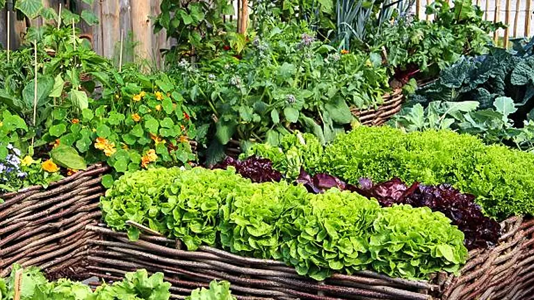 A rustic vegetable garden with wicker-edged beds overflowing with an abundance of lettuce varieties and other leafy greens, complemented by nasturtiums and a backdrop of trellised plants.