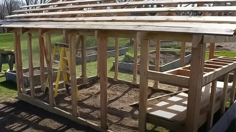 Unfinished chicken coop framework with open spaces for walls and a partial roof