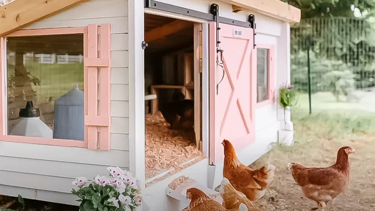 Stylish chicken coop with pink shutters and chickens in front