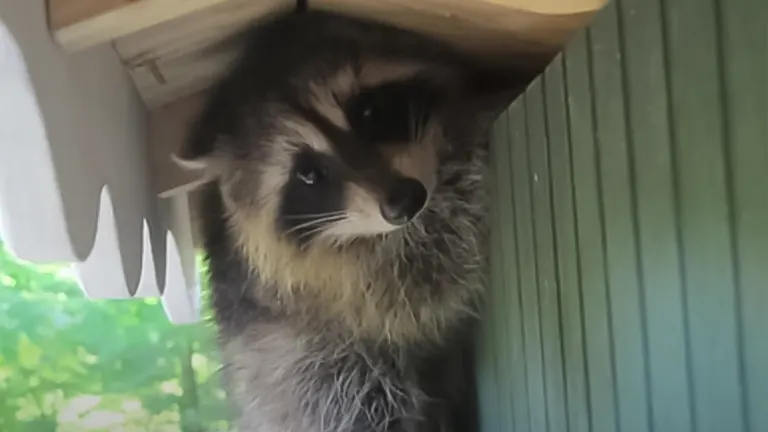 Raccoon peeking from under a roof, illustrating the need for secure chicken coops