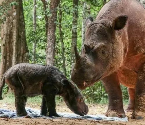 A Sumatran rhino and her calf resting on the ground.