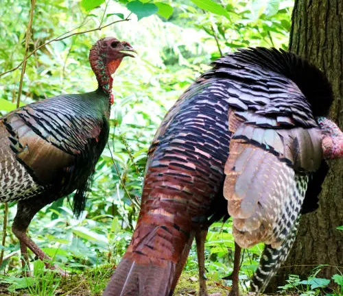Two wild turkeys, one facing forward and the other turned away, showcasing their patterned plumage in a lush green forest setting.