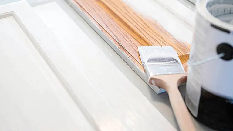 A close-up of a paintbrush with white paint resting on a partially painted wooden surface, with an open paint can nearby, indicating a painting project in progress.