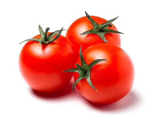 Three fresh red tomatoes with green stems, isolated on a white background.