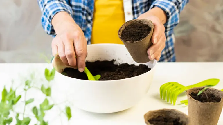 A person in a plaid shirt and yellow apron transplanting seedlings into biodegradable pots with soil, with gardening tools and plants on the table.