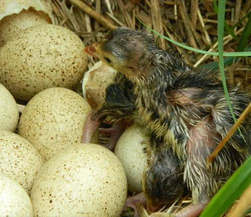 A baby bird sits on eggs in the grass, representing the process of incubation and hatching for an Eastern Wild Turkey.