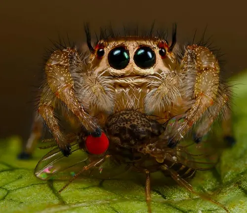 A red-eyed Jumping Spider perched on a leaf.