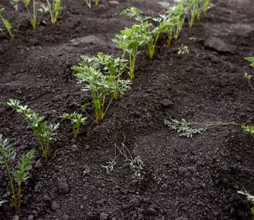 Young carrot plants emerging in neat rows from rich, dark soil in a vegetable garden.