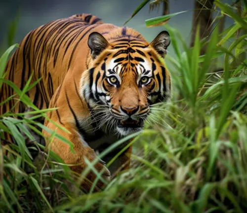  A Malayan Tiger stealthily prowls through dense jungle grass, camouflaged in its natural habitat.