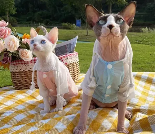 Two Sphynx cats wearing clothes enjoy a picnic on a table, protected from the sun's rays.