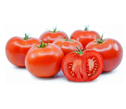 A collection of ripe red tomatoes with one cut in half to reveal the seeds, set against a white background.