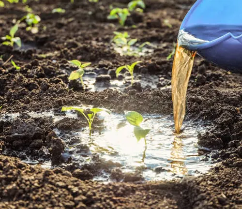 Water pouring from a blue watering can onto young, green plants in moist soil, highlighting the importance of proper watering for seedling development.